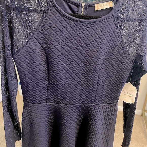 NWT Altar’d State (LG) Navy Blue Knit A-Line Fit & Flare Dress w/ Lace Sleeves - Picture 5 of 13